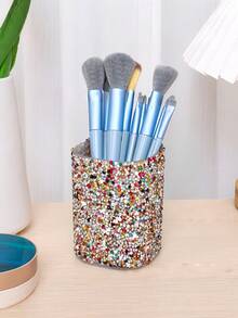 Joivida 1PC Large Capacity Rhinestone Decorated Multifunctional Creative Home Decor Glittering Clear Pen Holder Makeup Brush Organizer Storage Box For Bathroom Vanity Desk Top Office Home Use For Women Luxury Gift Idea Desk Accessory Home Organization - Multicolor - View 3