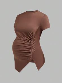 Modmama Maternity Clothes Tops Summer Pregnant 3pcs/Set Women's Solid Color Round Neck Pleated Asymmetrical Hem Casual Versatile Long Sleeve T-Shirts - Multicolor - View 10