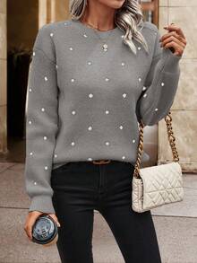 EURMUSE Women's Casual Versatile Polka Dot Pattern Crew Neck Sweater, Autumn/Winter,Jumper,Cream Jumper,Jumpers,Black Jumper,Womens Jumper,White Jumper,Women's Jumper,Women's Jumpers - Mocha Brown - View 4