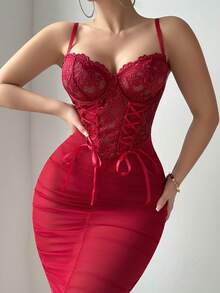 2pcs Set: Lace Contrast Mesh Tie-Up Bodycon Maxi Dress & G-String, Valentine's Day - Burgundy - View 5