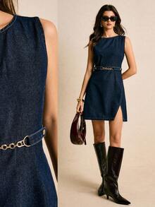 Poéselle 女士牛仔连衣裙，时尚无袖牛仔连衣裙，侧开衩设计，深蓝色连衣裙，适合派对、圣诞节、情人节、新年、母亲节等场合。 - 深色水洗藍 - 查看 1