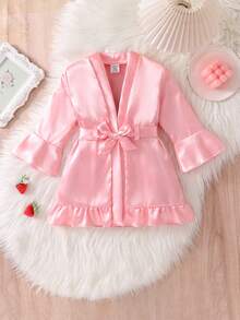 Vestaglia da neonata, in tessuto di seta di colore unito con bordo arricciato, con laccio di colore unito morbido - Rosa - Visualizzare 3