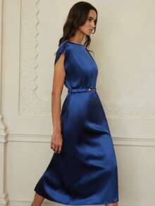 Revavyn Đầm satin cao cấp, thanh lịch, thiết kế không tay, thắt eo, màu trơn. - Màu xanh hải quân - Xem 4