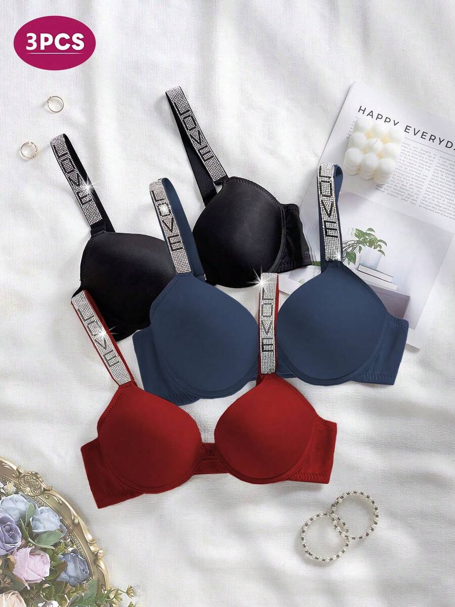 DesireSculpt 3pcs/Set Women's Love Pattern Underwire Bras - Multicolor - View 1
