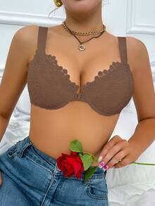 1pc Sexy Front Hook Closure Black Lace Bra, Lift And Support, Adjustable Underwire Bra - Mocha Brown - View 5