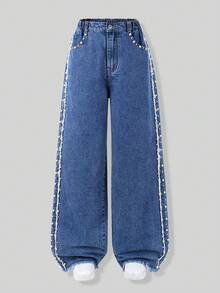 Teen Girls' Fashion Casual Faux Pearl Embellished Slant Pocket Wide Leg Jeans Teen Girl Y2K Style Casual Cute Jeans  Heavy Washed Elastic Waist Teenage (Women) Jeans, Suitable For Daily Wear Denim Baggy Street Vintage Retro Washed Loose Jeans Baggy Jeans Y2k Teen Outfits Kpop