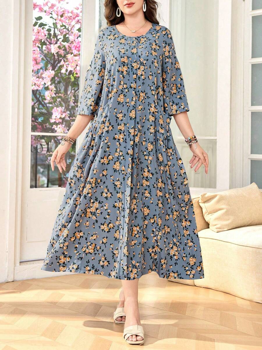 Lacomfia Women's Round Neck 3/4 Sleeve Loose Pocket Romantic Elegant Ditsy Floral Midi Dress - Multicolor - View 1