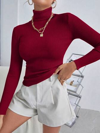 Cévolie Women's Casual Everyday Commute Simple Solid Color Turtleneck Fitted Sweater, Autumn/Winter