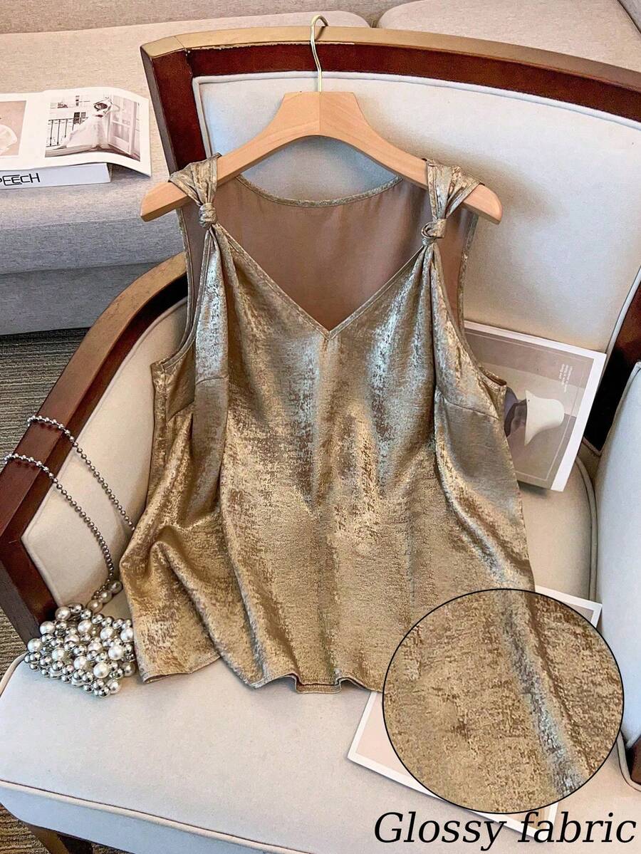GlowEve CURVE Cămăși de vară fără mâneci, cu noduri răsucite, în culori metalice, mărimi mari - Aur - Vizualizare 1