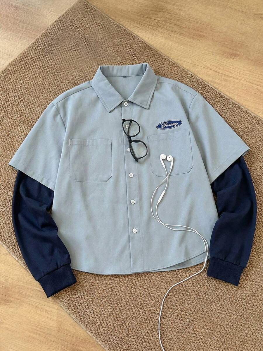 Manfinity Unisex Camisa de manga larga con bolsillo y estampado de letras 2 en 1 de solapa única para hombre - Azul - Ver 1