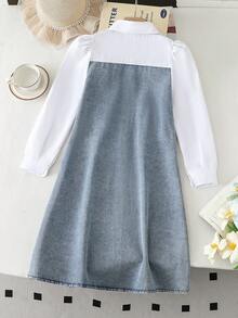 SHEIN 1件春秋新款韩版女童连衣裙，二合一衬衫领拼接牛仔蝴蝶结装饰泡泡长袖修身A字裙，适合日常、通勤、派对穿着。 - 淺色水洗藍 - 查看 8