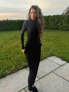 RebeccaVibe Body negro de cuello redondo, de punto elástico, para mujer, adecuado para otoño e invierno - Negro - Ver 4