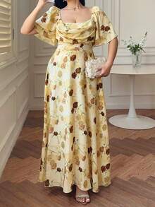 Flirla Yellow,Summer,Elegant,Wedding Guest French Retro Floral Ruched Bust Ruffle Hem Short Sleeve A-Line Dress,Waist Cinching Princess Outfit - Multicolor - View 1