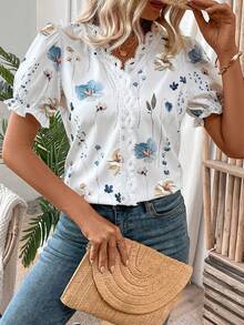 EMERY ROSE 女士度假休闲花卉印花撞色蕾丝泡泡袖衬衫、短袖上衣