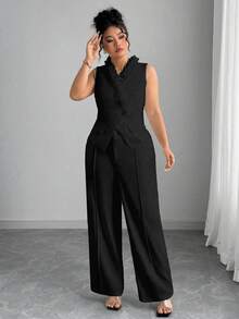 Elenzga Bộ đồ 2 mảnh cỡ lớn, thanh lịch, màu trơn, có bèo nhún ở gấu quần, thích hợp cho công sở. - màu đen - Xem 4