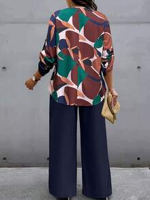 SHEIN LUNE 2pcs Plus Size Women Casual Random Print Button Decorated Long Pants Set, Autumn/Winter Fall - Multicolor - View 2