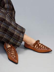 CUCCOO GRLICON Women's Pointed Toe Lace-Up Casual Fashionable Flat Shoes - Brown - View 4
