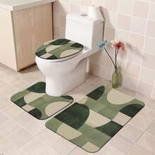 1/4件套绿色抽象几何图案主题浴室浴帘套装，包含浴垫、U型马桶垫、马桶座套、防水浴帘、时尚门帘、遮阳帘、现代风格浴室隔断帘，无需钻孔，涤纶材质，可机洗 - 彩色 - 查看 4
