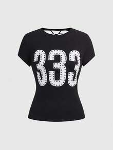 ROMWE Grunge Punk Y2K朋克数字印花亮片修身T恤，纯色百搭女式T恤 - 黑色 - 查看 5