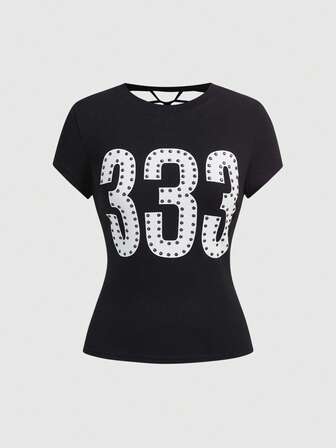 Grunge Punk Camiseta ajustada con diseño de lentejuelas con estampado numérico de estilo punk Y2K, camiseta versátil de color sólido para mujer