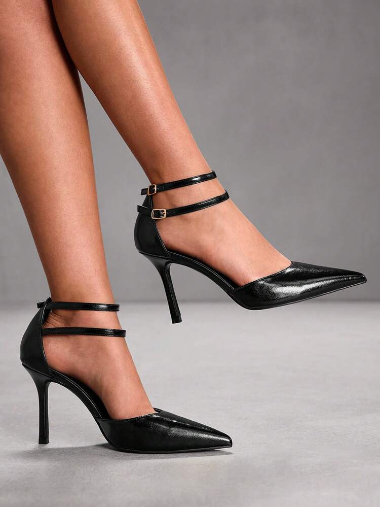 CUCCOO SZL Black Satin Twill & Mesh Patchwork Fashion Sexy Elegant Wedding Season Pointed Toe Strap High Heel Pumps