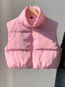 CovetEZ 女士纯色前拉链短款加垫背心夹克，冬季 - 粉色 - 查看 3