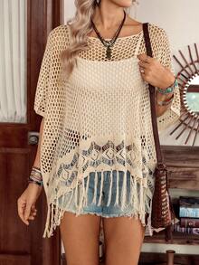 SHEIN LilyWest Women's Vacation Style Hollow Out Tassel Loose Shawl Poncho - Khaki - View 8