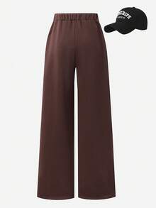 Sparklyn Girls Elastic Waist Wide Leg Casual Pants, Side Pink Stripe Accent, Sports Style Fashion Trousers, Draping Comfortable With Pockets - Brown - View 2