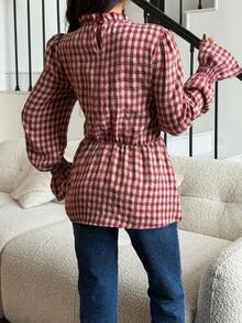 Siren Gaze Camisa casual de manga larga con cuello alto, volantes y estampado de cuadros para mujer, atuendo primaveral, atuendo de vacaciones de primavera, atuendo de San Valentín para mujer, atuendo de San Valentín, blusa casual para salir, blusas casuales para mujer, top rojo