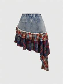 ROMWE J-Fashion 大码复古Y2K格子网眼拼接不对称下摆牛仔迷你裙 - 藍色 - 查看 2