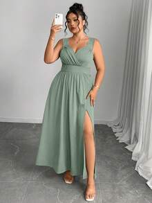 Elenzga Vestido ajustado con escote en V, contraste de encaje, tirantes de espagueti y bajo acampanado con abertura, talla grande - verde menta - Ver 7