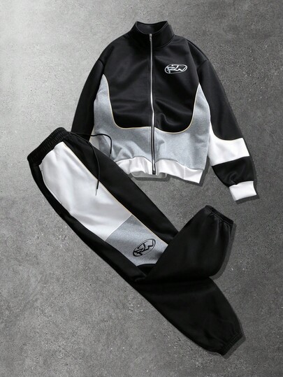 Conjunto casual de sudadera con capucha de manga larga con cremallera y estampado de letras de cuello alto y pantalón de chándal con cordón en la cintura para hombres, ideal para vacaciones, ir al trabajo y viajar