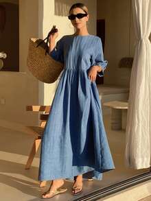 DAZY 女士褶裥休闲收腰中长连衣裙，适合度假和派对穿着 - 藍色 - 查看 1