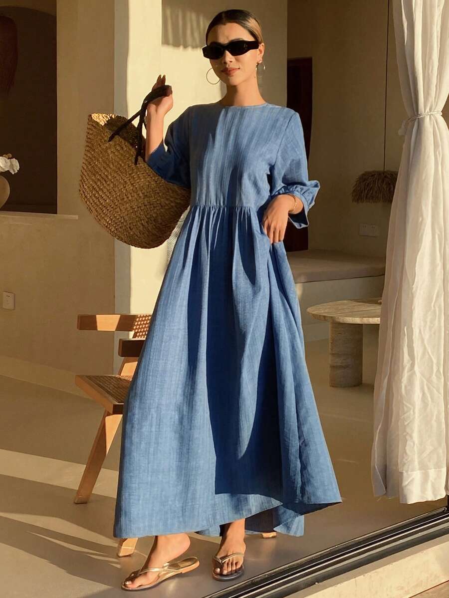 DAZY 女士褶裥休闲收腰中长连衣裙，适合度假和派对穿着 - 藍色 - 查看 1