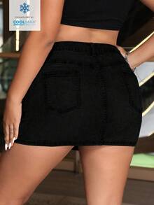 SHEIN ICON Plus Size Women's Fashion Pocket Mini Denim Skirt - Black - View 2