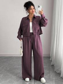 Elenzga Bộ đồ nữ cỡ lớn kiểu Pháp lãng mạn, thanh lịch, thường ngày, màu nâu trơn, áo sơ mi dài tay cổ bẻ cài khuy ẩn, gấu áo chun co giãn + quần cargo cạp chun, thích hợp cho mùa Xuân/Thu/Đông. - Màu đỏ tím - Xem 3