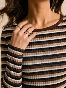 Poéselle Vestido casual de mujer de manga larga con cuello redondo y rayas, estilo vintage, para otoño - Marrón - Ver 4