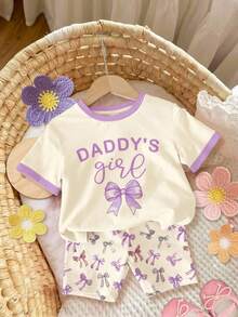 奶油色可爱甜美蝴蝶结印花“爸爸的小公主”女宝宝休闲宽松圆领短袖T恤和修身短裤套装，夏季穿搭，舒适百搭，适合秋季叠穿，时尚百搭，休闲风格，女宝宝图案服装，返校季，秋季服装 - 彩色 - 查看 5