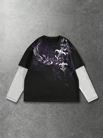 Goth Maglietta a maniche lunghe da uomo con colori a contrasto e patchwork