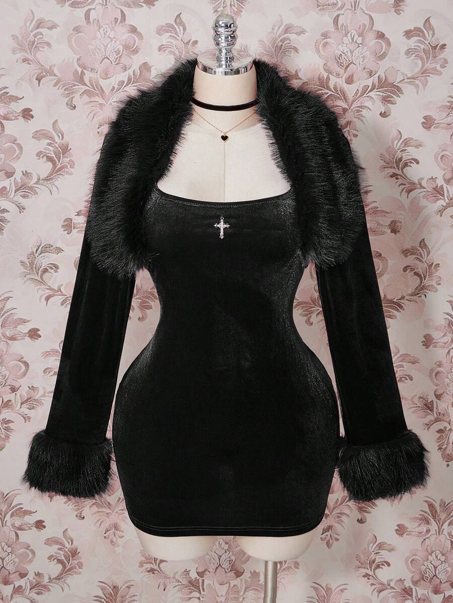 SHEIN ICON 大码仿毛领天鹅绒外套，两件套：天鹅绒连衣裙圣诞两件套性感约会之夜装扮优雅红色圣诞连衣裙优雅派对礼服 - 黑色 - 查看 1