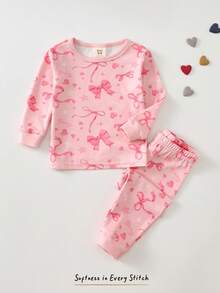 Cozy Pixies Baby Girl Cartoon Cat Print Knit Soft Crew Neck Long Sleeve Top And Elastic Waist Leggings 2-Piece Snug Fit Pajama Set - Pink - View 3