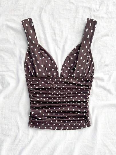 Soleia Women's Elegant Vacation Polka Dot Knit Fabric Twist Strap Ruched Slim Fit Camisole, Suitable For Holiday, Date, Afternoon Tea, Beach, Cruise, City Trip, Island Vacation, Music Festival, Boho Vacation, Can Be Worn Inside Or Outside Brown Top Women Polka Dot Top Chocolate Brown Top Coffee Brown Top Polka Dot Top,Tank Top V-Cut Top Sexy Tops For Women Summer Polkadot Top