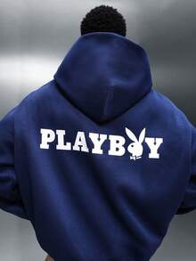 PLAYBOY X SUMWON 男士藏蓝色连帽衫，背面印有大号品牌标志，长袖套头衫，休闲卫衣，带前袋 - 藍色 - 查看 1
