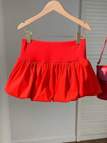 SHEIN EZwear 女士纯色百褶夏季休闲裙 - 紅色 - 查看 2