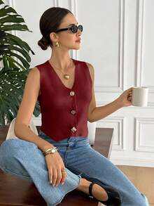 Serisse Áo vest len cổ chữ V cài cúc phía trước, kiểu dáng công sở thường ngày. - Màu Đỏ Sâu - Xem 4