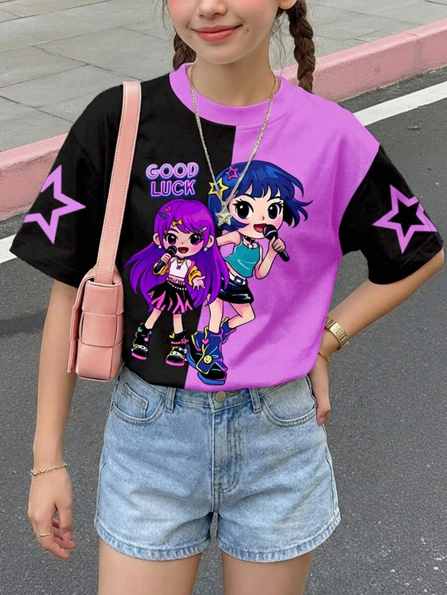 SHEIN 紫色撞色暗夜黑,卡通女孩,K-Pop巨星,少女休闲简约短袖圆领T恤 - 彩色 - 查看 1