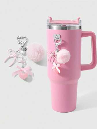 Kawaii 1 Stück süßer und einfacher Mädchenstil weiße Kunstperle, rosa Kunstkristall, Cut Out gestrickte Schleife, Harz-Herzanhänger zum Selbermachen als Schlüsselanhänger, Taschenanhänger, Becherhänger, Handyanhänger, inklusive Handyhalter-Aufkleber, geeignet für Frauen & Mädchen, tolles Geschenk