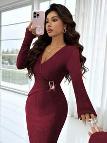 Elenzga 女士纯色时尚扭结长裙，V领金属扣设计针织纹理紧身连衣裙，扭结开衩设计，优雅女士服装，秋季女装，冬季女士端庄服装，派对礼服 - 酒紅色 - 查看 6