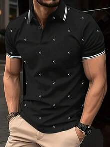 Manfinity Dauomo 男士大码休闲日常通勤印花Polo衫 - 黑色 - 查看 1