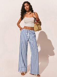 Poéselle 女士撞色条纹裤 - 藍白色 - 查看 2